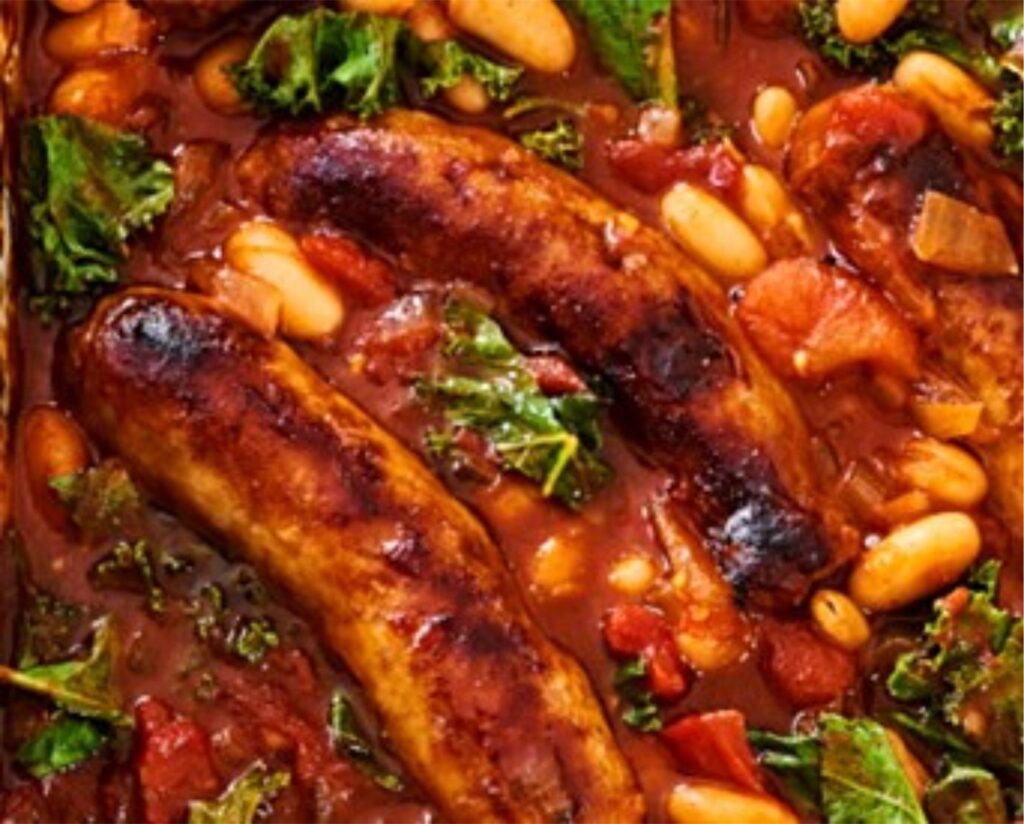 Smoked Sausages with Butter Beans and Kale recipe